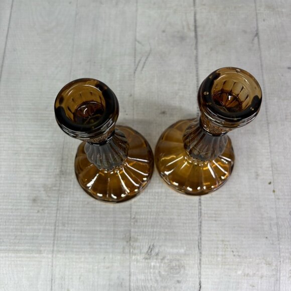 Vintage Robert Stanley Amber Glass Tapered Candles Sticks 6.5" Holders Set Of 2 - Picture 8 of 16